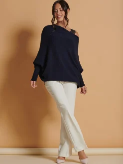 Jolie Moi Knitted Jumpers-Made in Italy Asymmetric Draped Knit Jumper, Navy