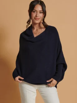 Jolie Moi Knitted Jumpers-Made in Italy Asymmetric Draped Knit Jumper, Navy