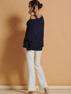Jolie Moi Knitted Jumpers-Made in Italy Asymmetric Draped Knit Jumper, Navy