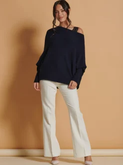 Jolie Moi Knitted Jumpers-Made in Italy Asymmetric Draped Knit Jumper, Navy
