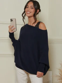 Jolie Moi Knitted Jumpers-Made in Italy Asymmetric Draped Knit Jumper, Navy