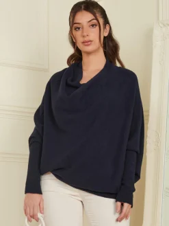 Jolie Moi Knitted Jumpers-Made in Italy Asymmetric Draped Knit Jumper, Navy