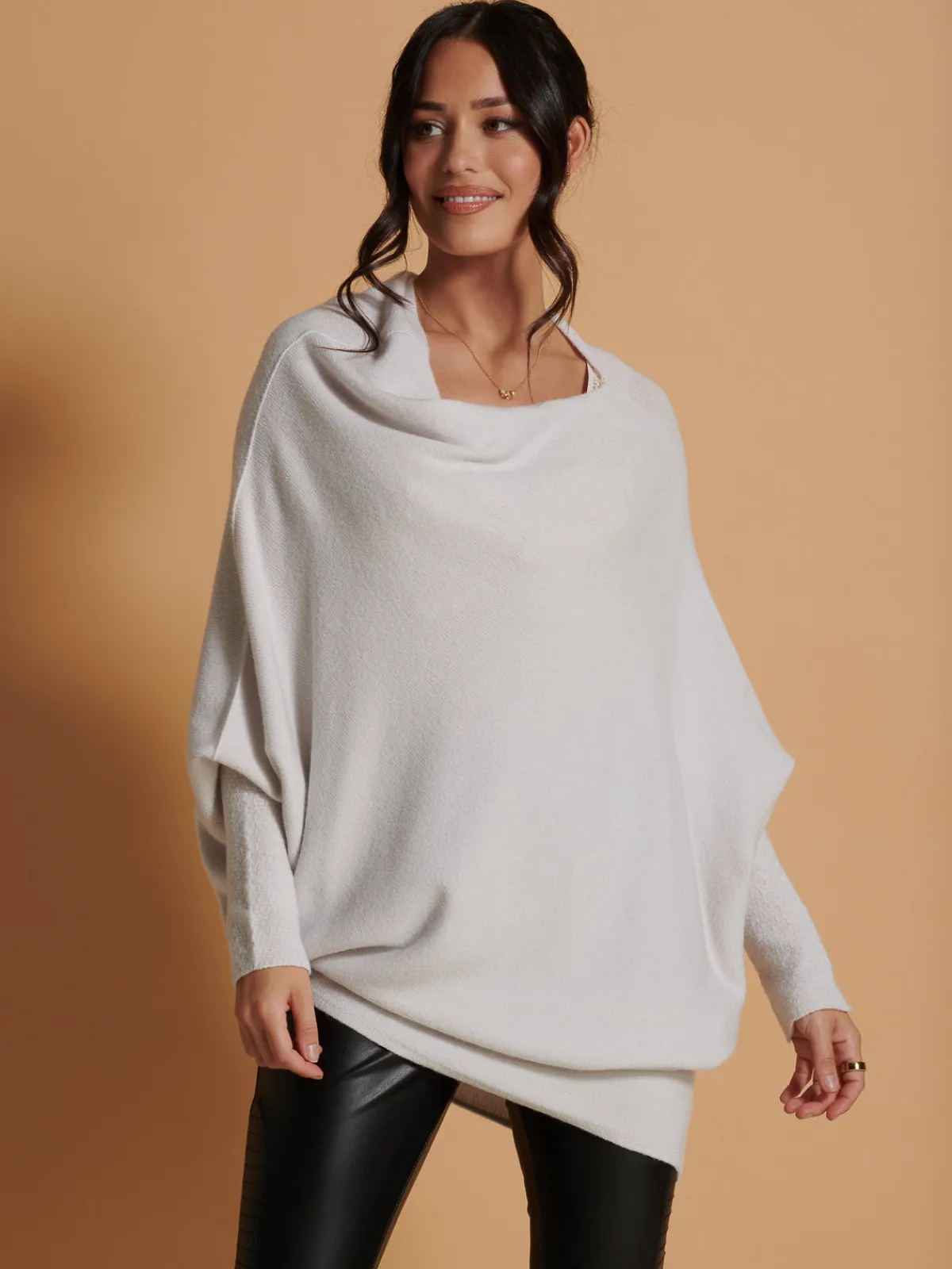 Jolie Moi Knitted Jumpers-Made In Italy Asymmetric Draped Soft Knit Jumper, Oatmeal