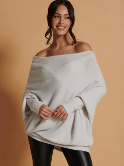 Jolie Moi Knitted Jumpers-Made In Italy Asymmetric Draped Soft Knit Jumper, Oatmeal