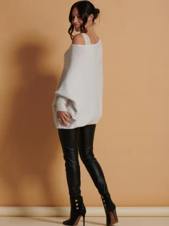 Jolie Moi Knitted Jumpers-Made In Italy Asymmetric Draped Soft Knit Jumper, Oatmeal
