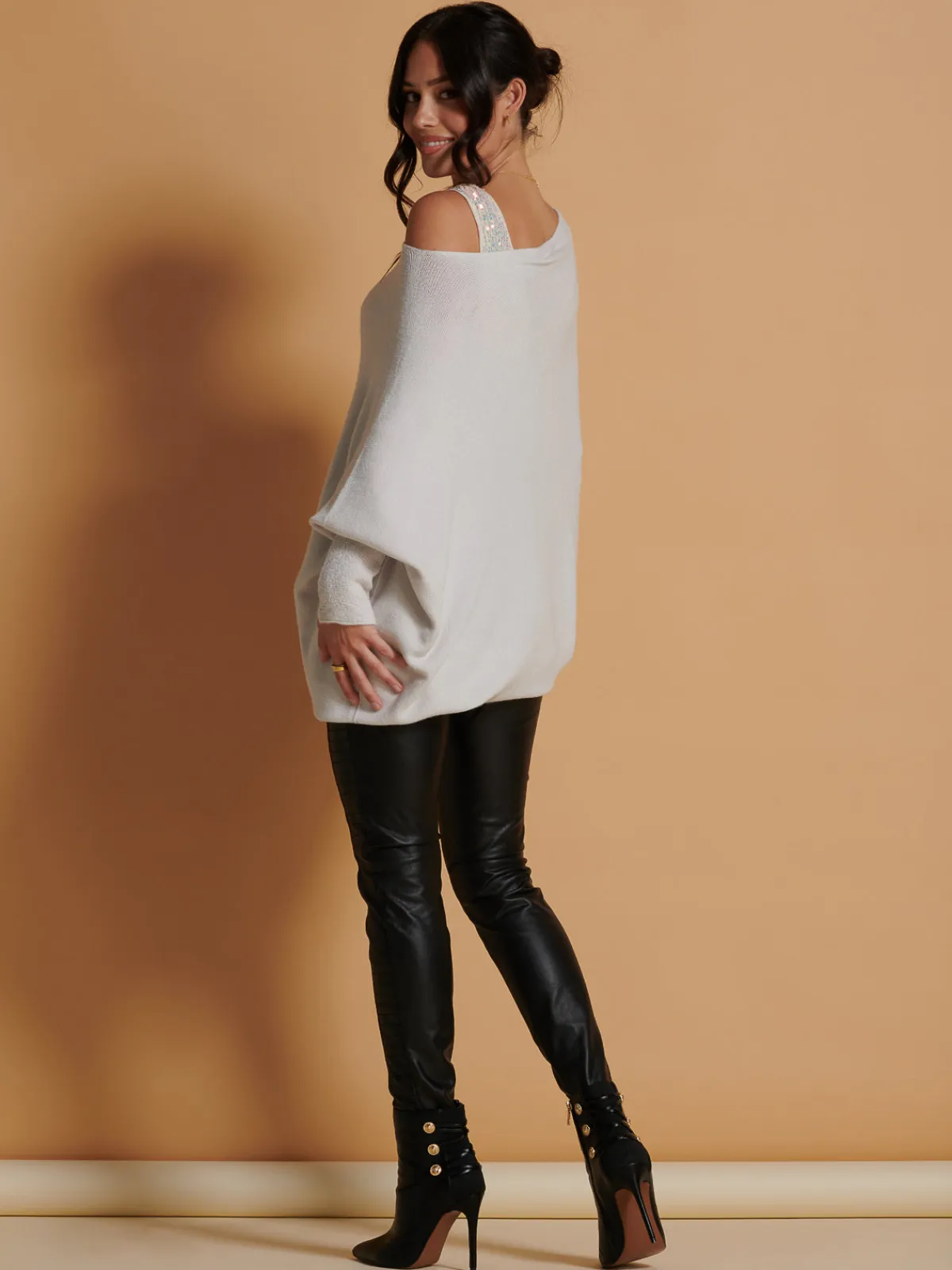 Jolie Moi Knitted Jumpers-Made In Italy Asymmetric Draped Soft Knit Jumper, Oatmeal