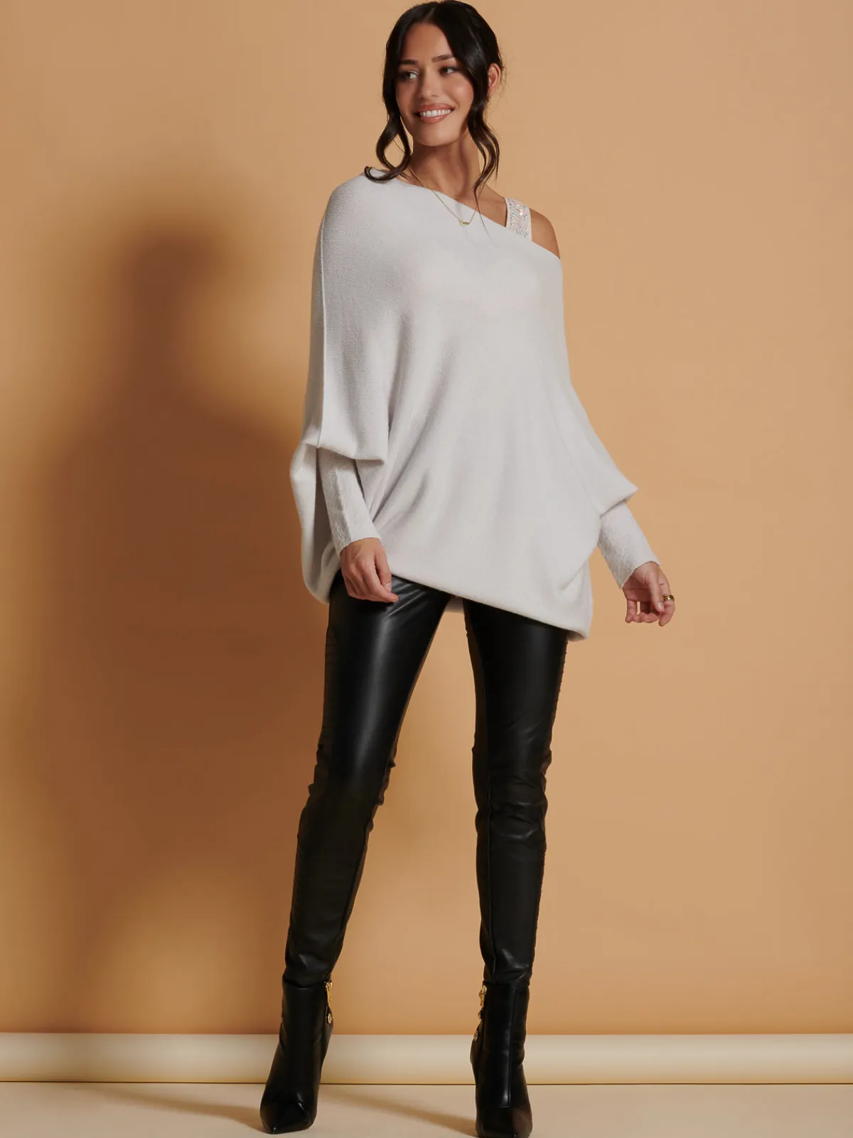 Jolie Moi Knitted Jumpers-Made In Italy Asymmetric Draped Soft Knit Jumper, Oatmeal