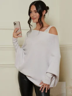 Jolie Moi Knitted Jumpers-Made In Italy Asymmetric Draped Soft Knit Jumper, Oatmeal