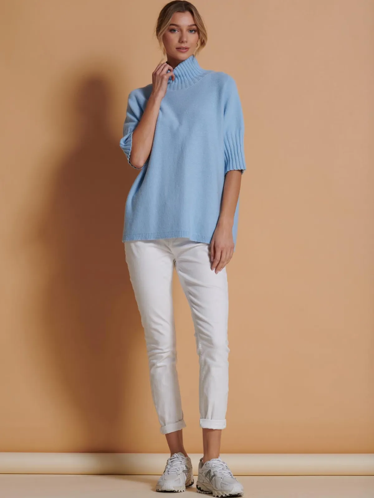 Jolie Moi Knitted Jumpers-Made in Italy High Neck Half Sleeve Jumper, Baby Blue