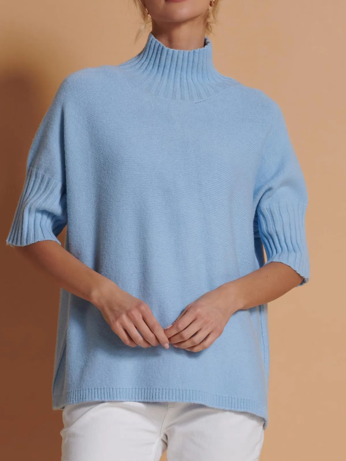 Jolie Moi Knitted Jumpers-Made in Italy High Neck Half Sleeve Jumper, Baby Blue