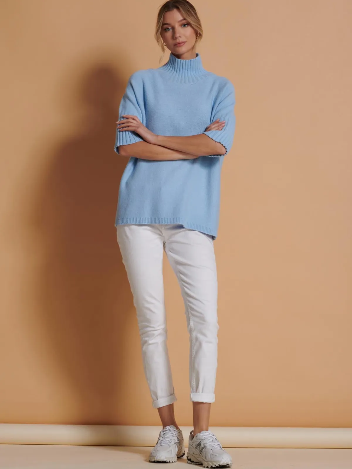 Jolie Moi Knitted Jumpers-Made in Italy High Neck Half Sleeve Jumper, Baby Blue