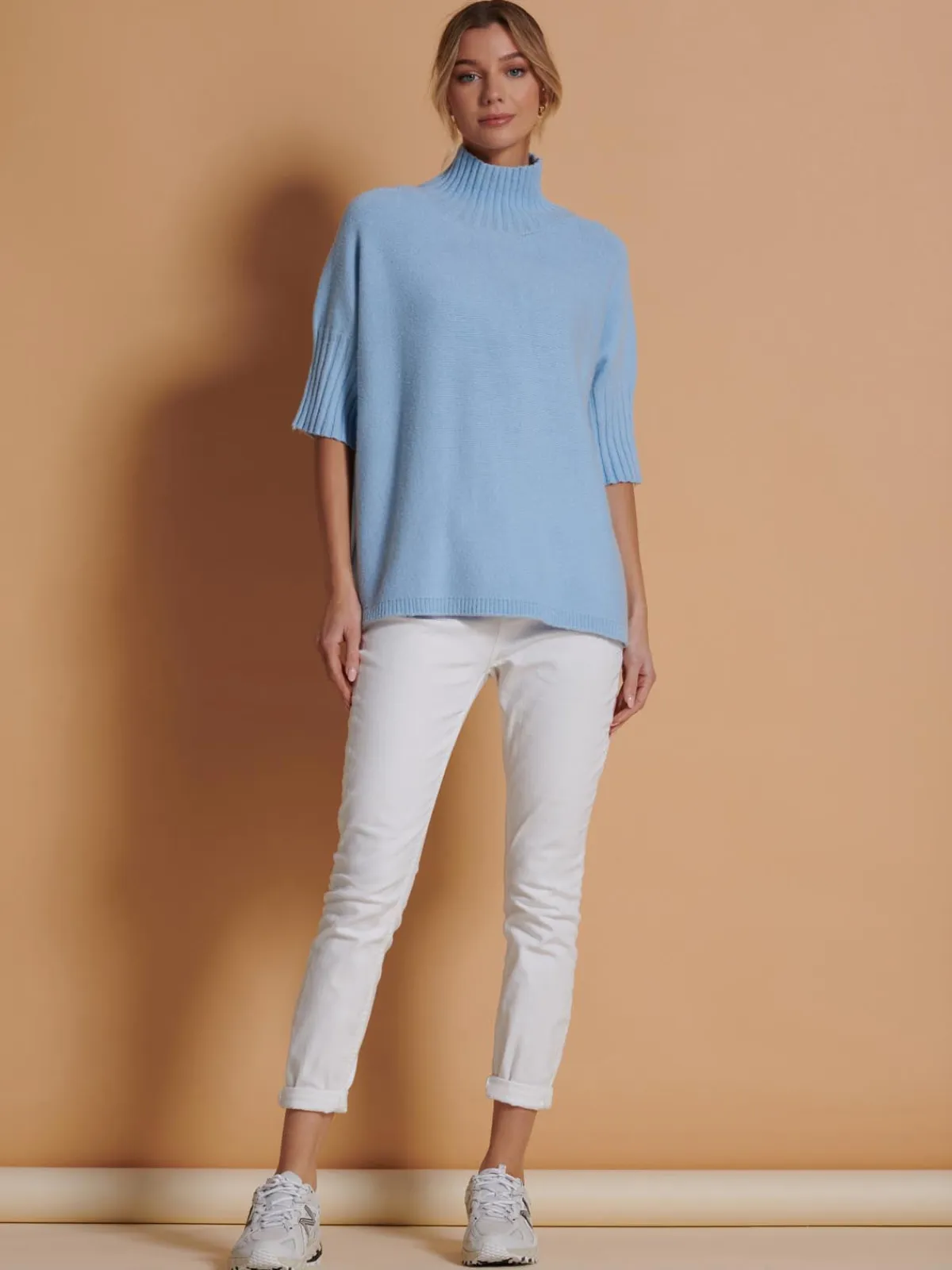 Jolie Moi Knitted Jumpers-Made in Italy High Neck Half Sleeve Jumper, Baby Blue
