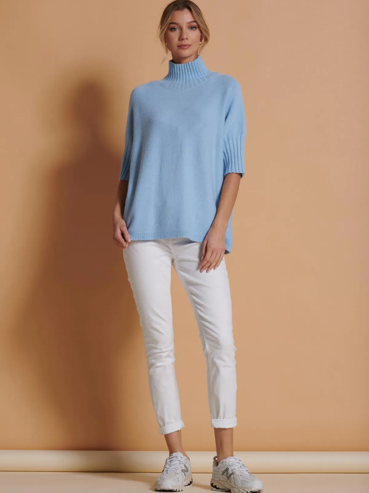 Jolie Moi Knitted Jumpers-Made in Italy High Neck Half Sleeve Jumper, Baby Blue
