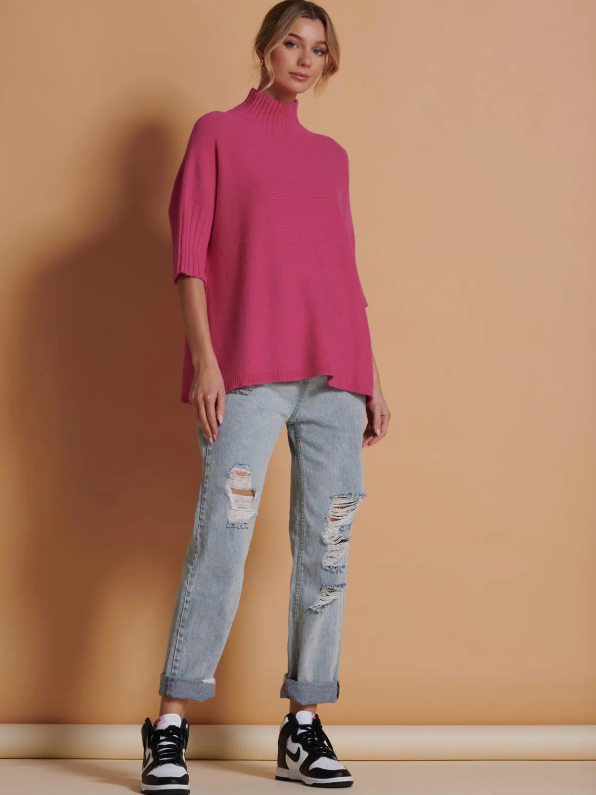 Jolie Moi Weekend Casuals|Knitted Jumpers-Made in Italy High Neck Half Sleeve Jumper, Hot Pink