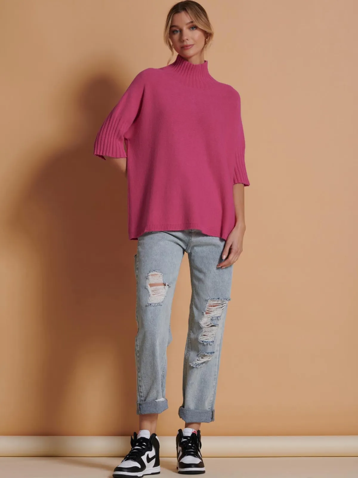 Jolie Moi Weekend Casuals|Knitted Jumpers-Made in Italy High Neck Half Sleeve Jumper, Hot Pink