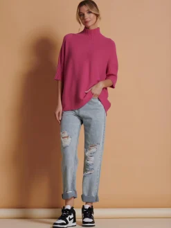 Jolie Moi Weekend Casuals|Knitted Jumpers-Made in Italy High Neck Half Sleeve Jumper, Hot Pink