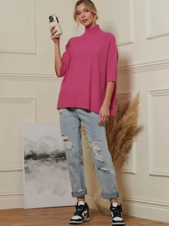 Jolie Moi Weekend Casuals|Knitted Jumpers-Made in Italy High Neck Half Sleeve Jumper, Hot Pink