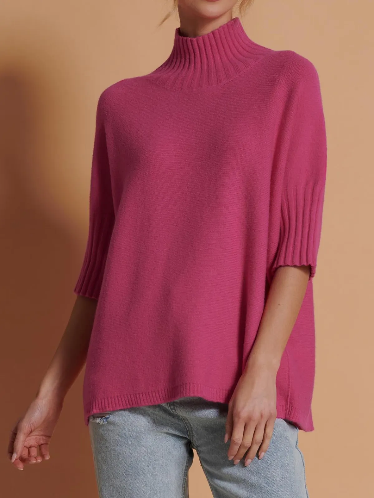 Jolie Moi Weekend Casuals|Knitted Jumpers-Made in Italy High Neck Half Sleeve Jumper, Hot Pink