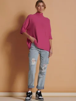 Jolie Moi Weekend Casuals|Knitted Jumpers-Made in Italy High Neck Half Sleeve Jumper, Hot Pink