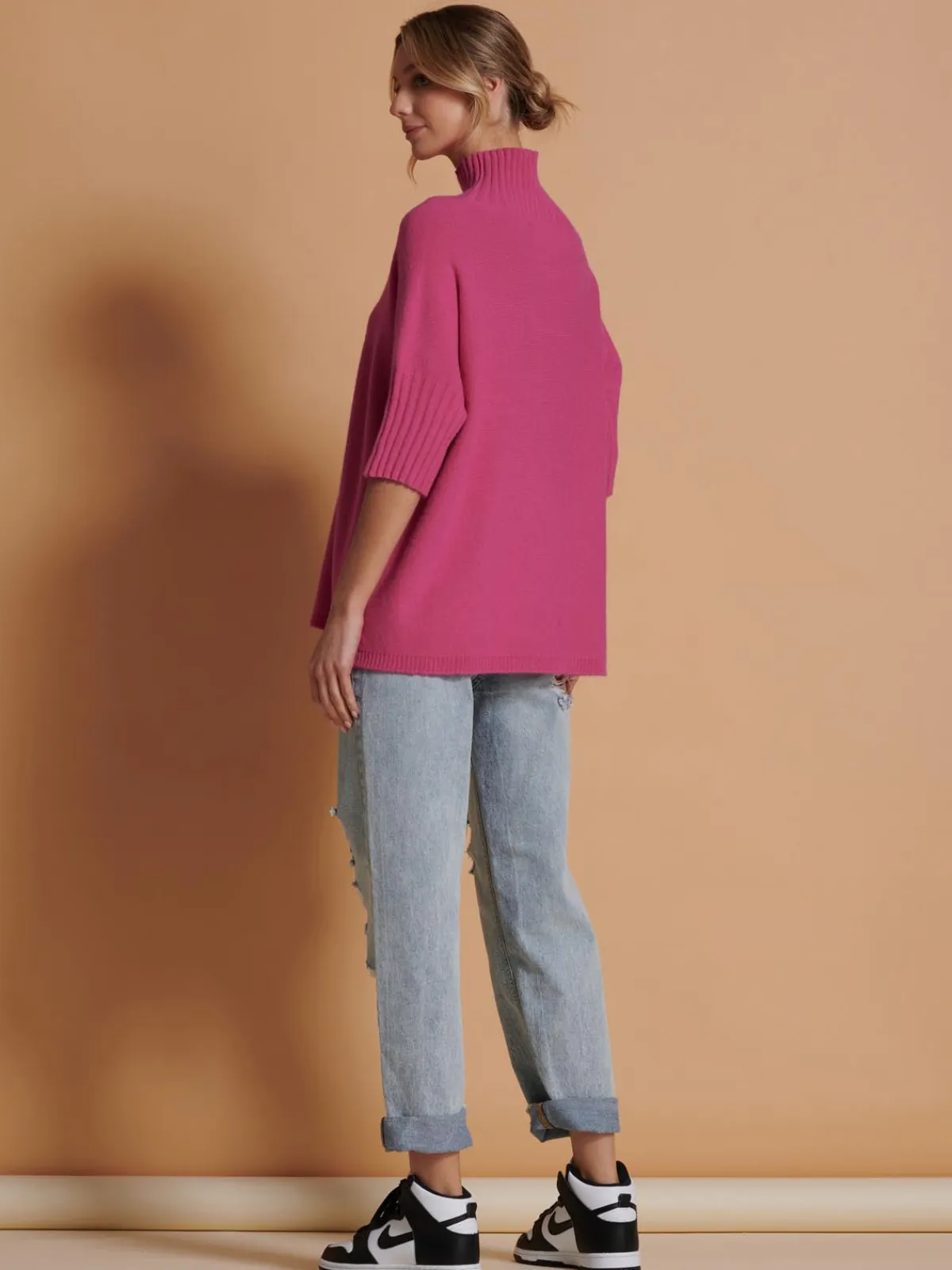 Jolie Moi Weekend Casuals|Knitted Jumpers-Made in Italy High Neck Half Sleeve Jumper, Hot Pink