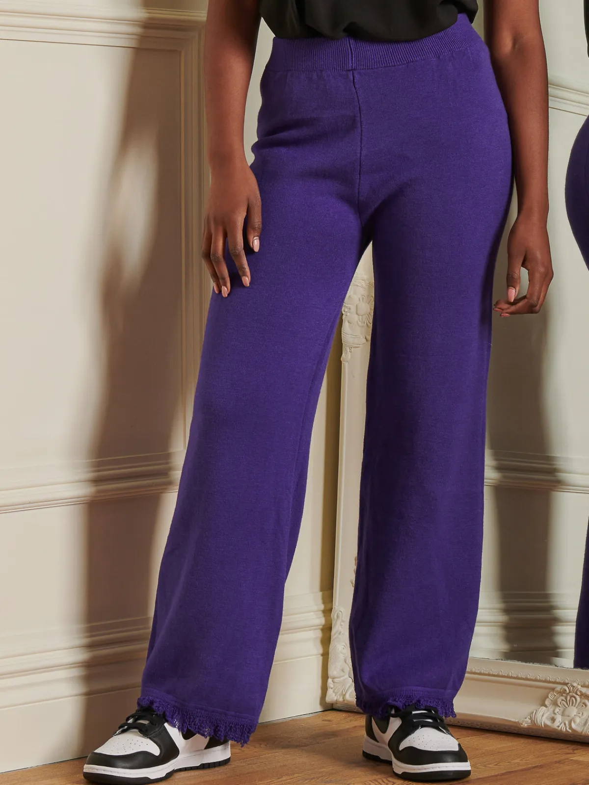 Jolie Moi Weekend Casuals|Knitted Trousers-Made in Italy Knitted Fringe Detail Trousers, Purple
