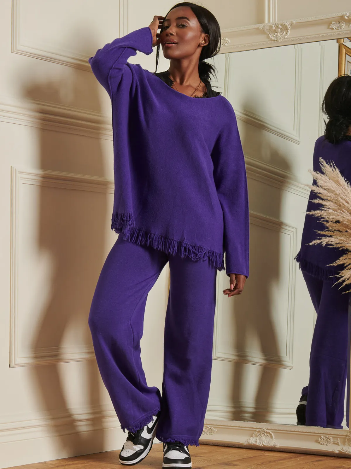 Jolie Moi Weekend Casuals|Knitted Trousers-Made in Italy Knitted Fringe Detail Trousers, Purple