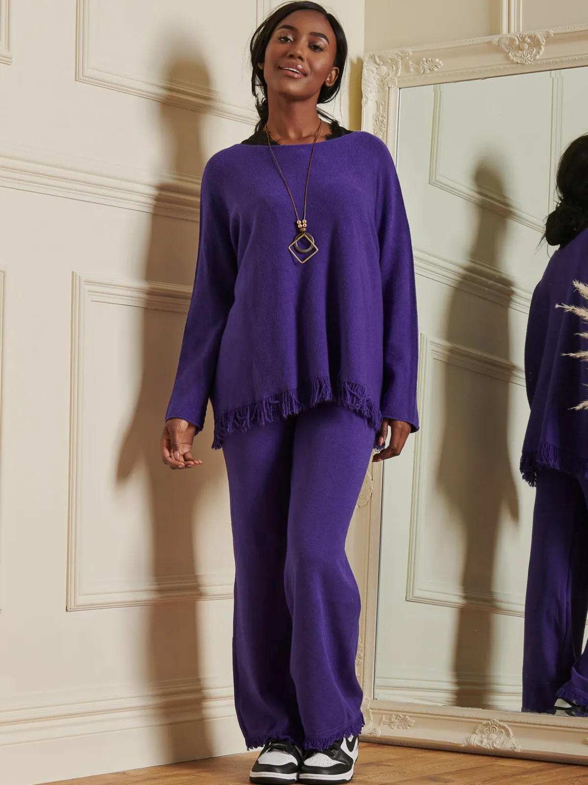 Jolie Moi Weekend Casuals|Knitted Trousers-Made in Italy Knitted Fringe Detail Trousers, Purple