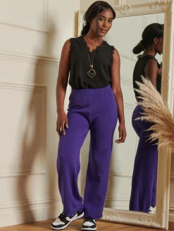 Jolie Moi Weekend Casuals|Knitted Trousers-Made in Italy Knitted Fringe Detail Trousers, Purple