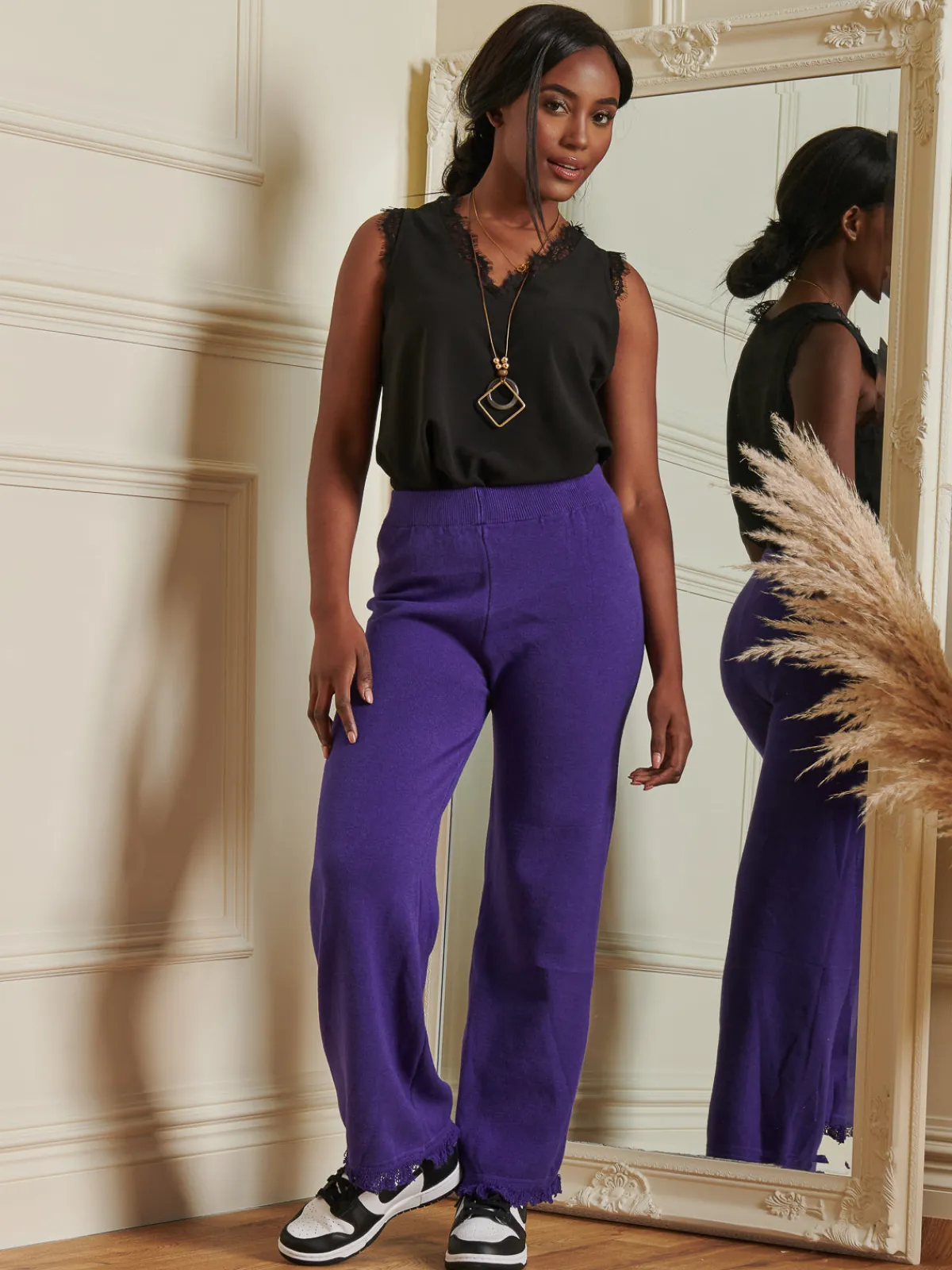 Jolie Moi Weekend Casuals|Knitted Trousers-Made in Italy Knitted Fringe Detail Trousers, Purple