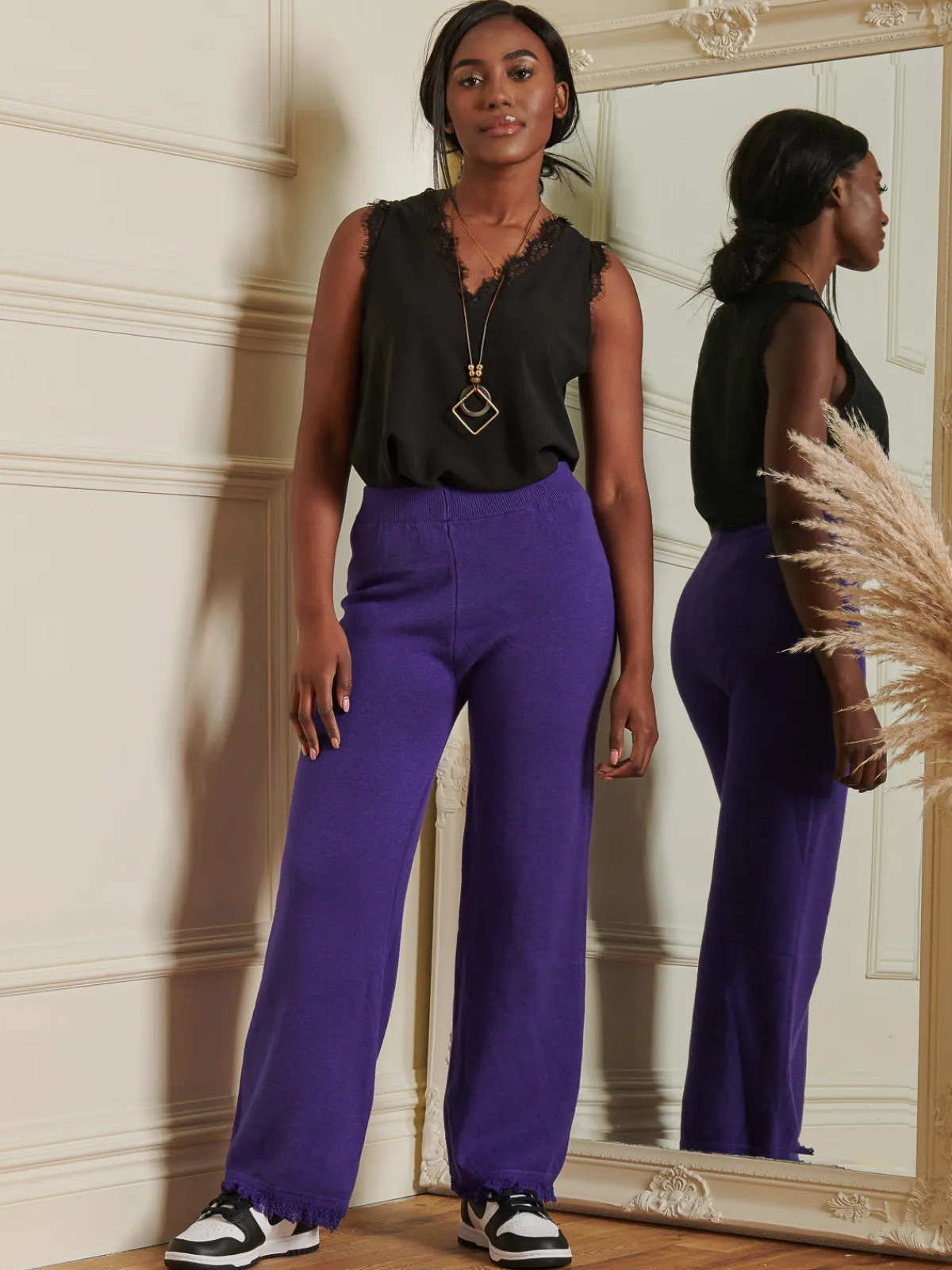 Jolie Moi Weekend Casuals|Knitted Trousers-Made in Italy Knitted Fringe Detail Trousers, Purple