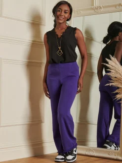 Jolie Moi Weekend Casuals|Knitted Trousers-Made in Italy Knitted Fringe Detail Trousers, Purple