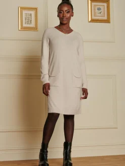 Jolie Moi Office Wear|Weekend Casuals-Made in Italy V Neck Knitted Jumper Dress, Stone