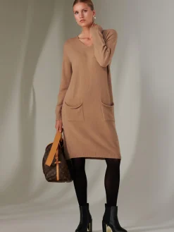 Jolie Moi Made In Italy-Made in Italy V Neck Knitted Jumper Dress, Tan Brown