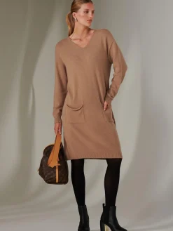 Jolie Moi Made In Italy-Made in Italy V Neck Knitted Jumper Dress, Tan Brown