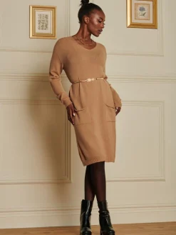 Jolie Moi Made In Italy-Made in Italy V Neck Knitted Jumper Dress, Tan Brown