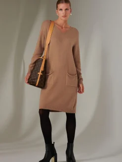 Jolie Moi Made In Italy-Made in Italy V Neck Knitted Jumper Dress, Tan Brown