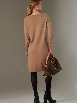 Jolie Moi Made In Italy-Made in Italy V Neck Knitted Jumper Dress, Tan Brown