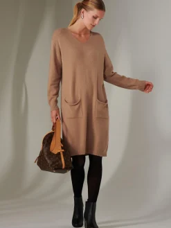 Jolie Moi Made In Italy-Made in Italy V Neck Knitted Jumper Dress, Tan Brown