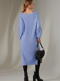 Jolie Moi Made In Italy-Made In Italy V Neck Knitted Jumper Maxi Dress, Grapemist