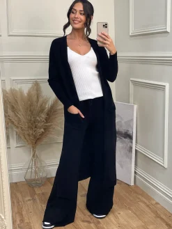 Jolie Moi Co-Ords|Knitted Trousers-Made in Italy Wide Leg Soft Knit Trousers, Black