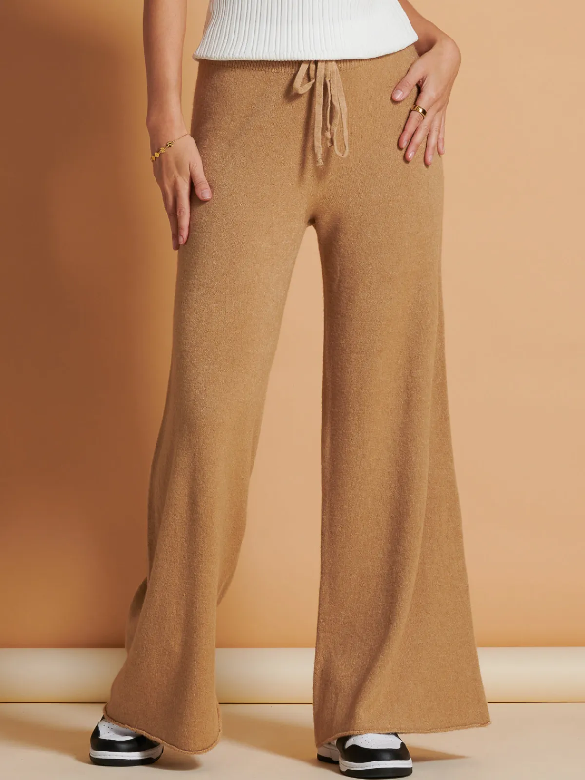 Jolie Moi Co-Ords|Knitted Trousers-Made in Italy Wide Leg Soft Knit Trousers, Camel