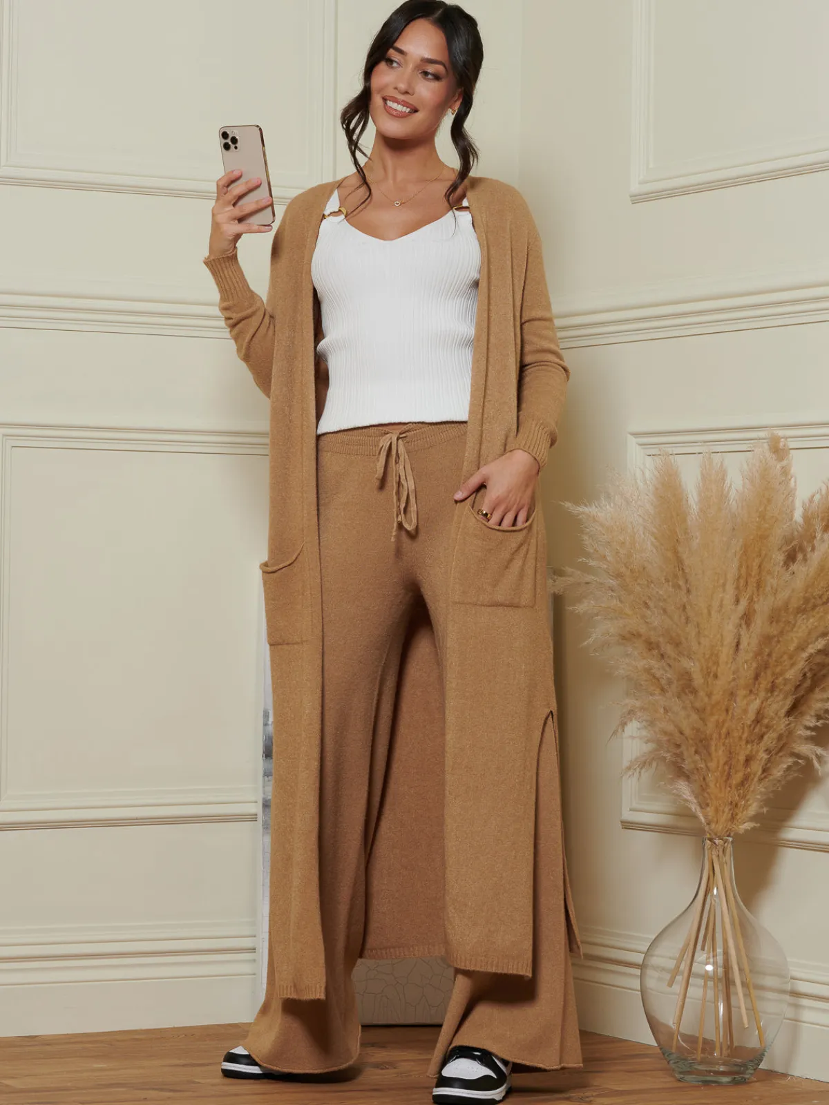 Jolie Moi Co-Ords|Knitted Trousers-Made in Italy Wide Leg Soft Knit Trousers, Camel