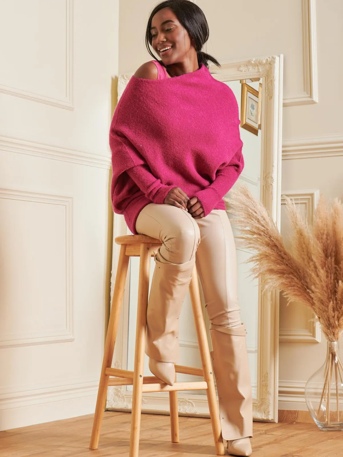 Jolie Moi Knitted Jumpers-Made in Italy Wool Blend Asymmetric Knit Jumper, Fuschia