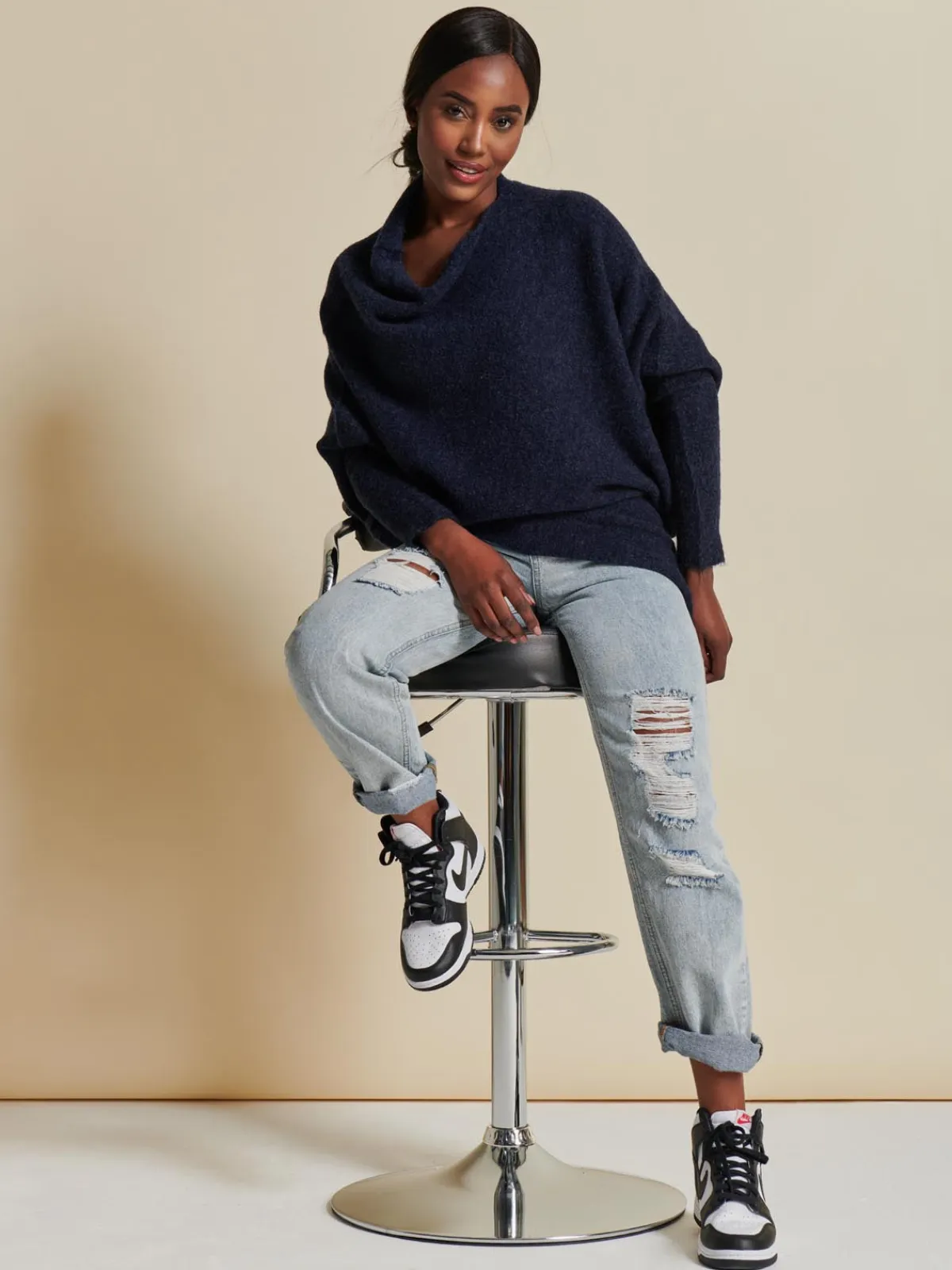 Jolie Moi Weekend Casuals|Knitted Jumpers-Made in Italy Wool Blend Asymmetric Knit Jumper, Navy