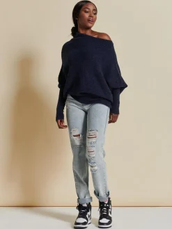 Jolie Moi Weekend Casuals|Knitted Jumpers-Made in Italy Wool Blend Asymmetric Knit Jumper, Navy