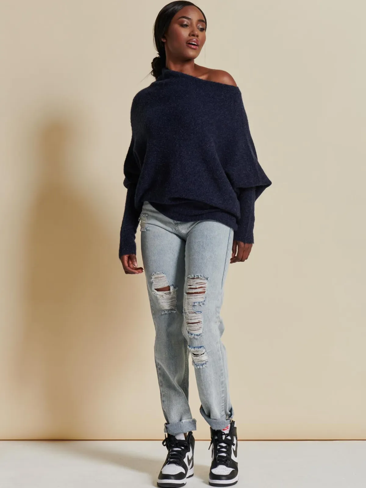 Jolie Moi Weekend Casuals|Knitted Jumpers-Made in Italy Wool Blend Asymmetric Knit Jumper, Navy