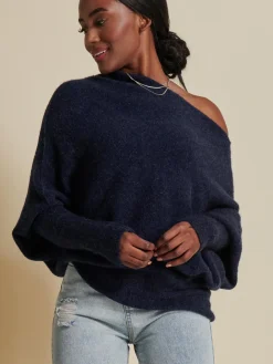 Jolie Moi Weekend Casuals|Knitted Jumpers-Made in Italy Wool Blend Asymmetric Knit Jumper, Navy