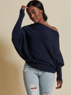 Jolie Moi Weekend Casuals|Knitted Jumpers-Made in Italy Wool Blend Asymmetric Knit Jumper, Navy
