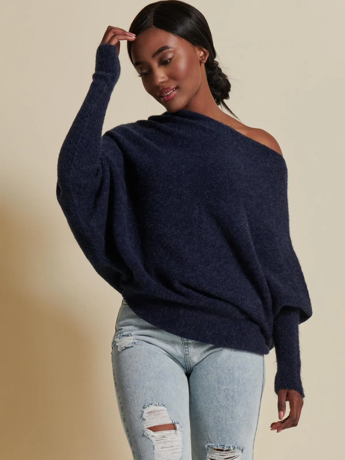 Jolie Moi Weekend Casuals|Knitted Jumpers-Made in Italy Wool Blend Asymmetric Knit Jumper, Navy