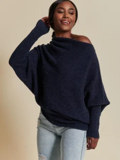 Jolie Moi Weekend Casuals|Knitted Jumpers-Made in Italy Wool Blend Asymmetric Knit Jumper, Navy